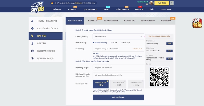 Phương thức nạp tiền Sky88 đang triển khai